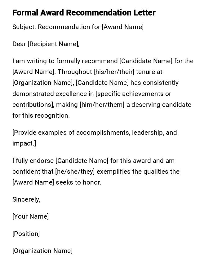 Formal Award Recommendation Letter