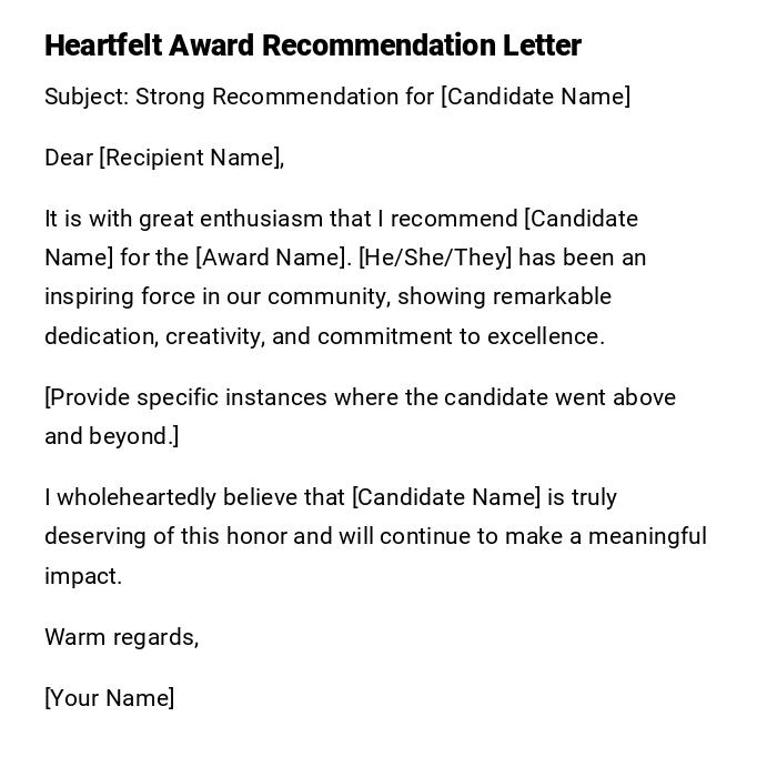 Heartfelt Award Recommendation Letter