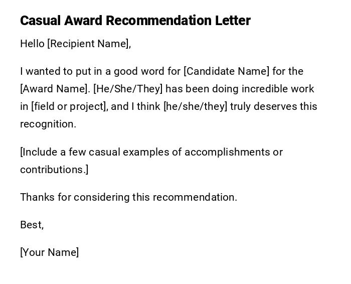 Casual Award Recommendation Letter