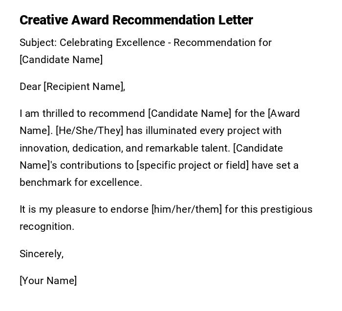 Creative Award Recommendation Letter