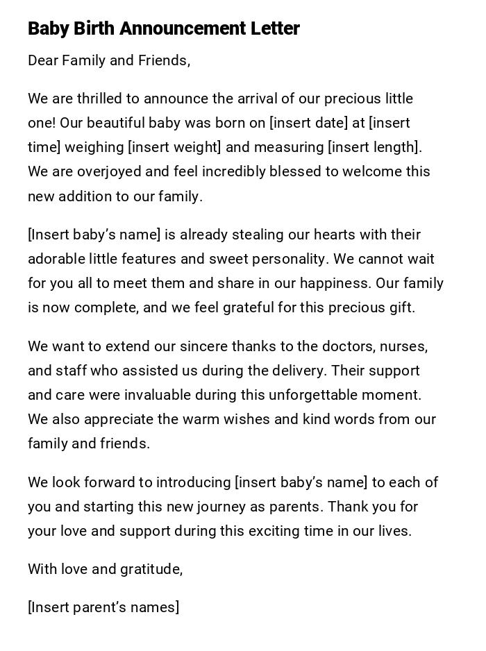 Baby Birth Announcement Letter Baby Birth Announcement Letter