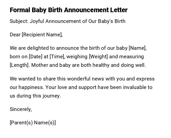 Formal Baby Birth Announcement Letter Formal Baby Birth Announcement Letter