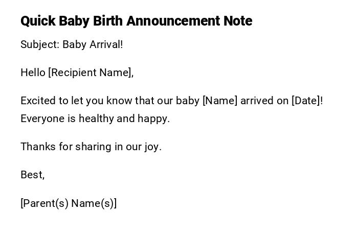 Quick Baby Birth Announcement Note Quick Baby Birth Announcement Note