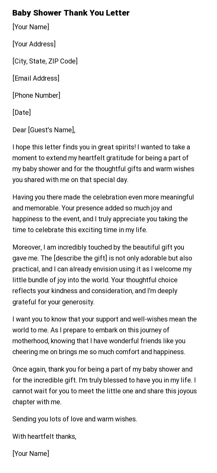 Baby Shower Thank You Letter