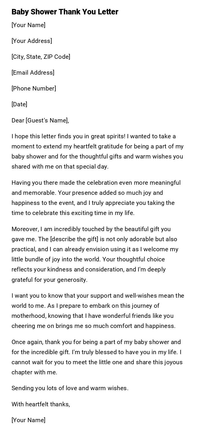 Baby Shower Thank You Letter