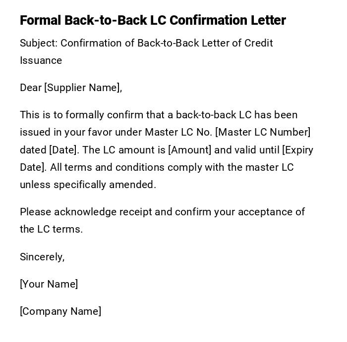 Formal Back-to-Back LC Confirmation Letter Formal Back-to-Back LC Confirmation Letter