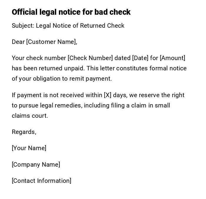Official legal notice for bad check