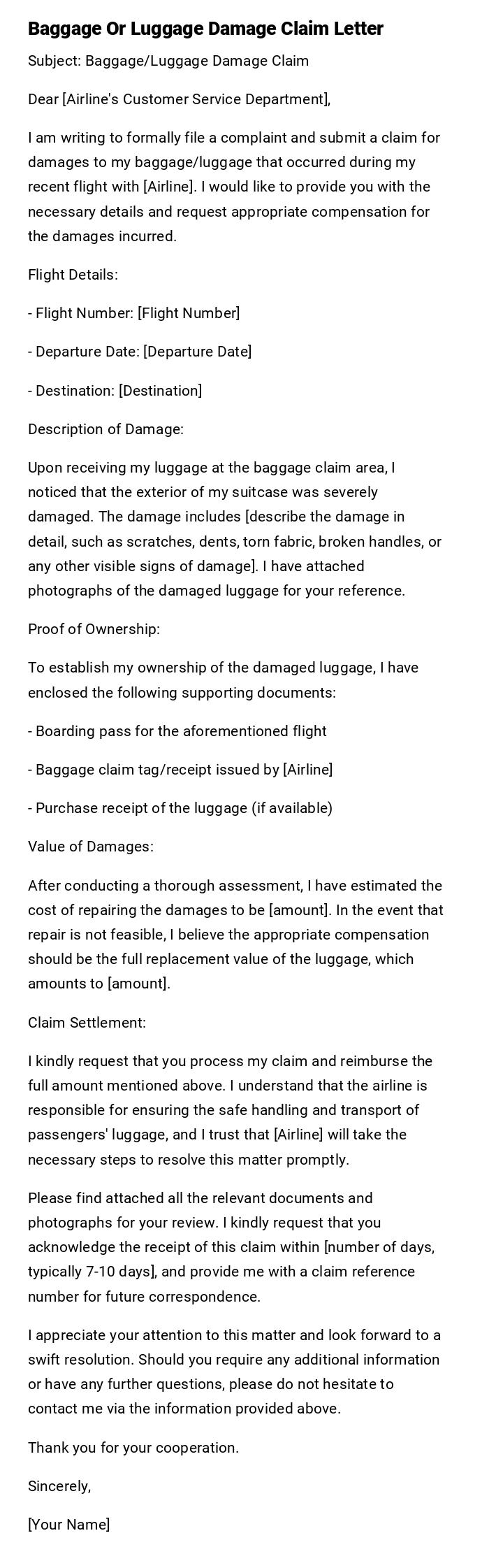 Baggage Or Luggage Damage Claim Letter