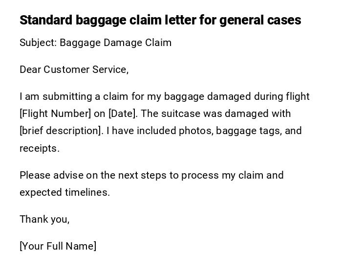 Standard baggage claim letter for general cases Standard baggage claim letter for general cases