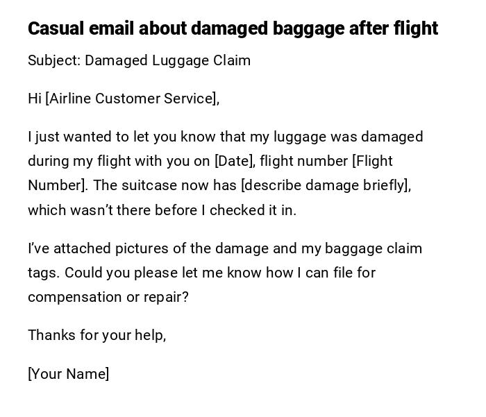 Casual email about damaged baggage after flight Casual email about damaged baggage after flight