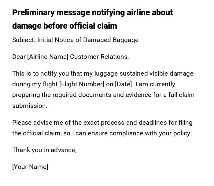 Preliminary message notifying airline about damage before official claim Preliminary message notifying airline about damage before official claim