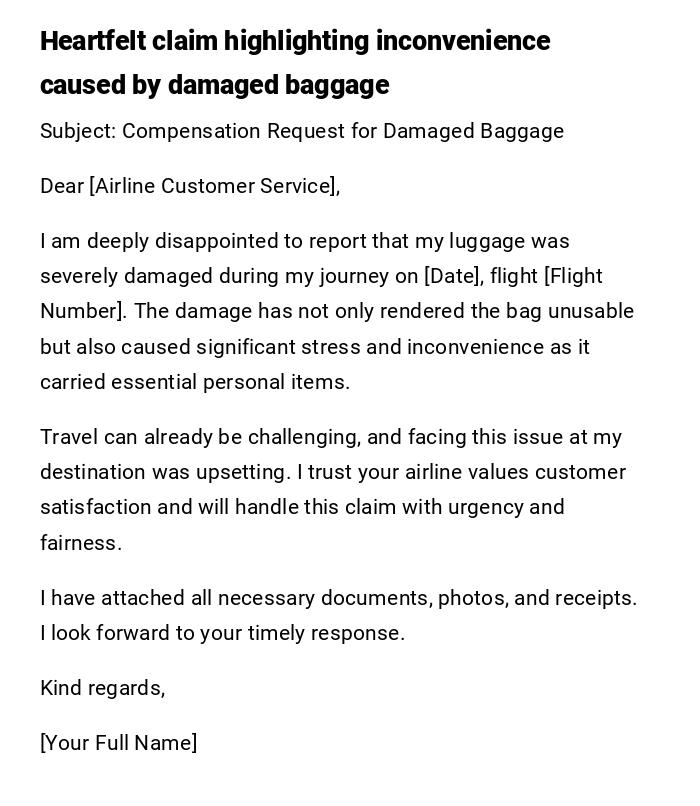 Heartfelt claim highlighting inconvenience caused by damaged baggage Heartfelt claim highlighting inconvenience caused by damaged baggage