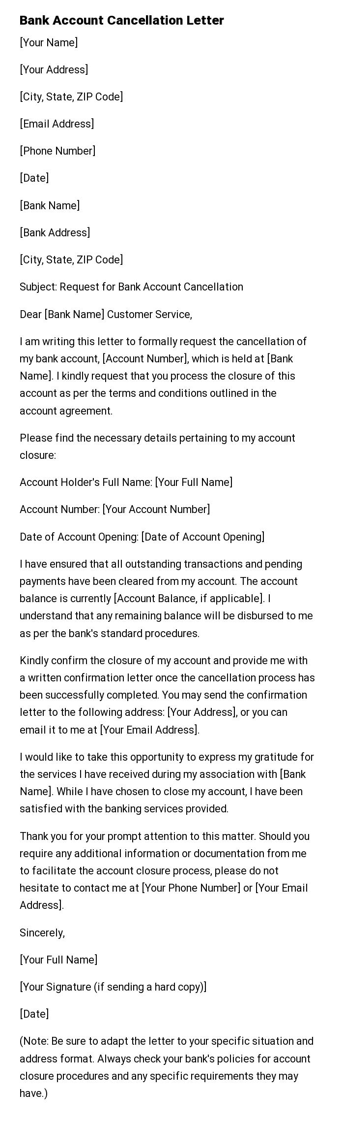 Bank Account Cancellation Letter