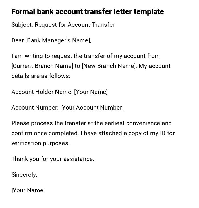 Formal bank account transfer letter template