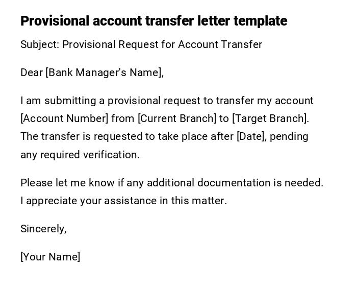 Provisional account transfer letter template