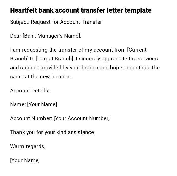 Heartfelt bank account transfer letter template