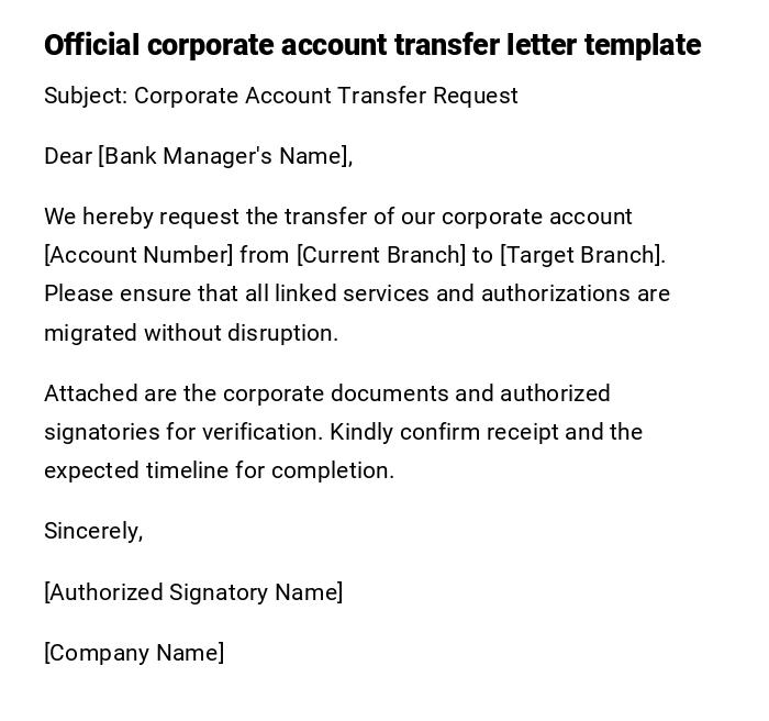 Official corporate account transfer letter template