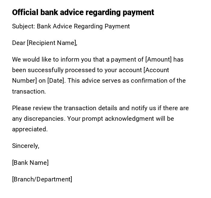 Official bank advice regarding payment