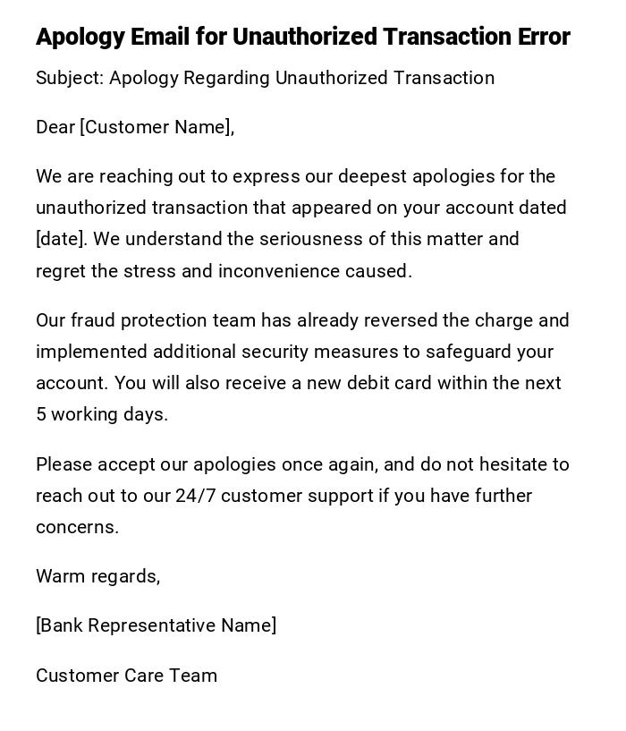 Apology Email for Unauthorized Transaction Error Apology Email for Unauthorized Transaction Error