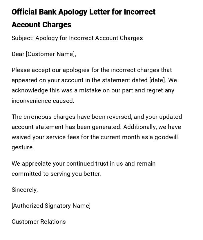 Official Bank Apology Letter for Incorrect Account Charges Official Bank Apology Letter for Incorrect Account Charges
