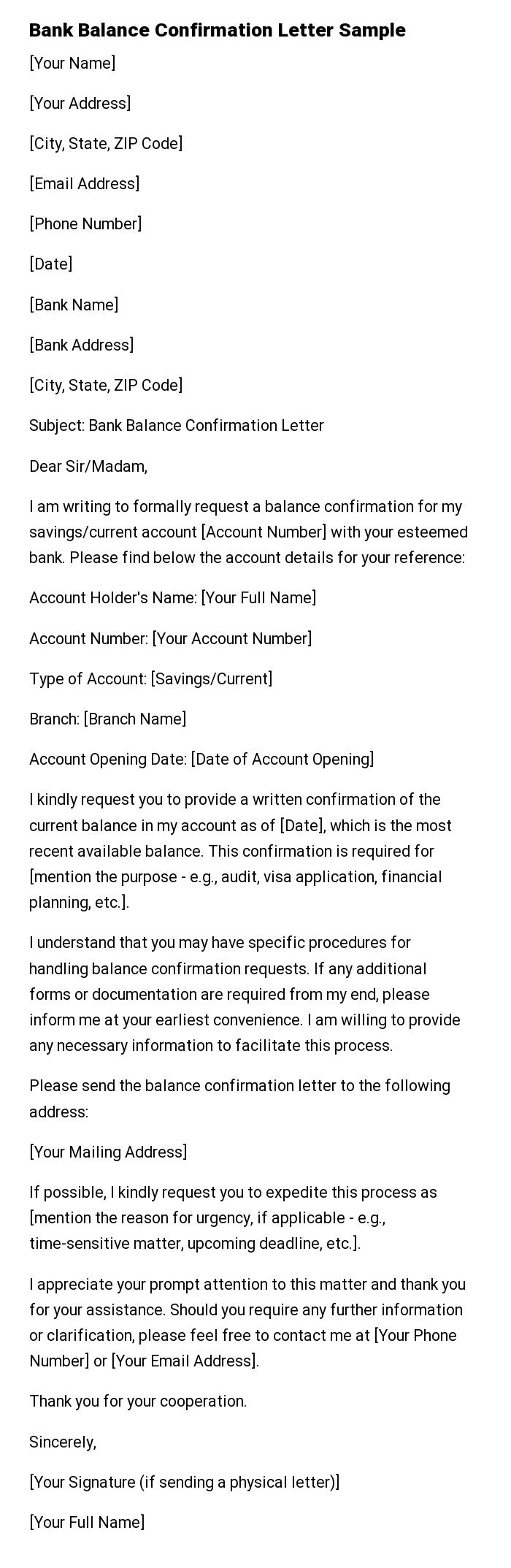 Bank Balance Confirmation Letter Sample