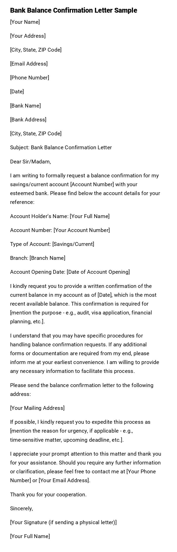 Bank Balance Confirmation Letter Sample