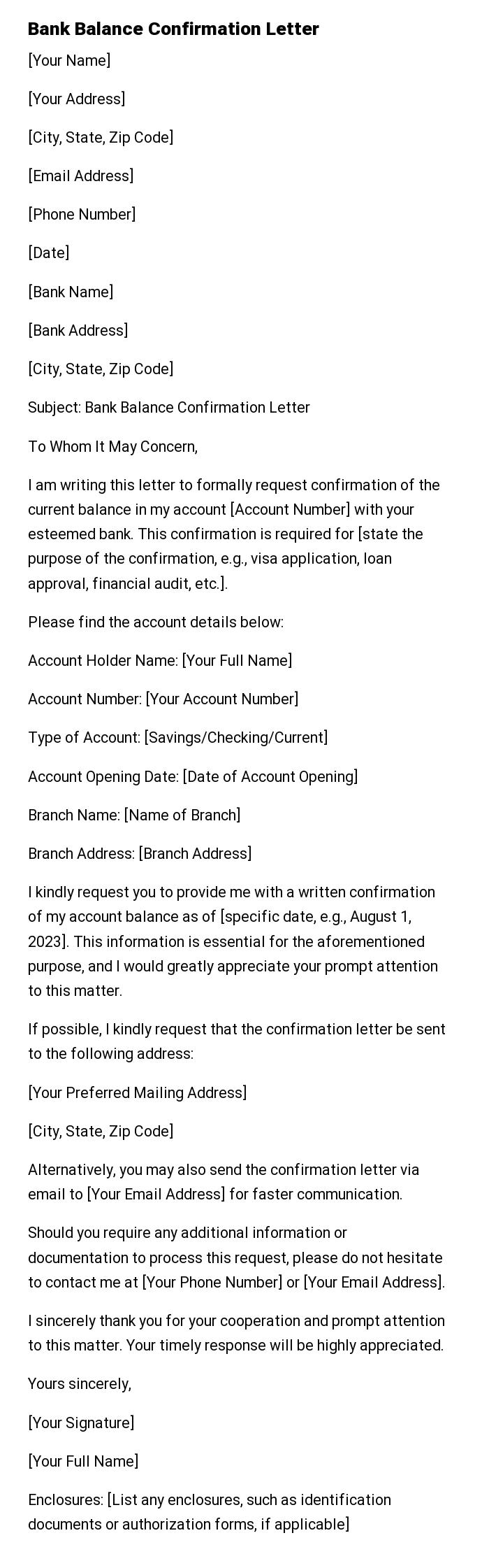 Bank Balance Confirmation Letter