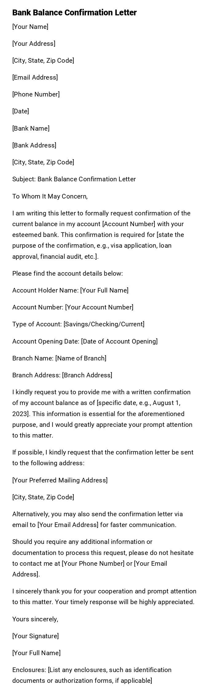 Bank Balance Confirmation Letter