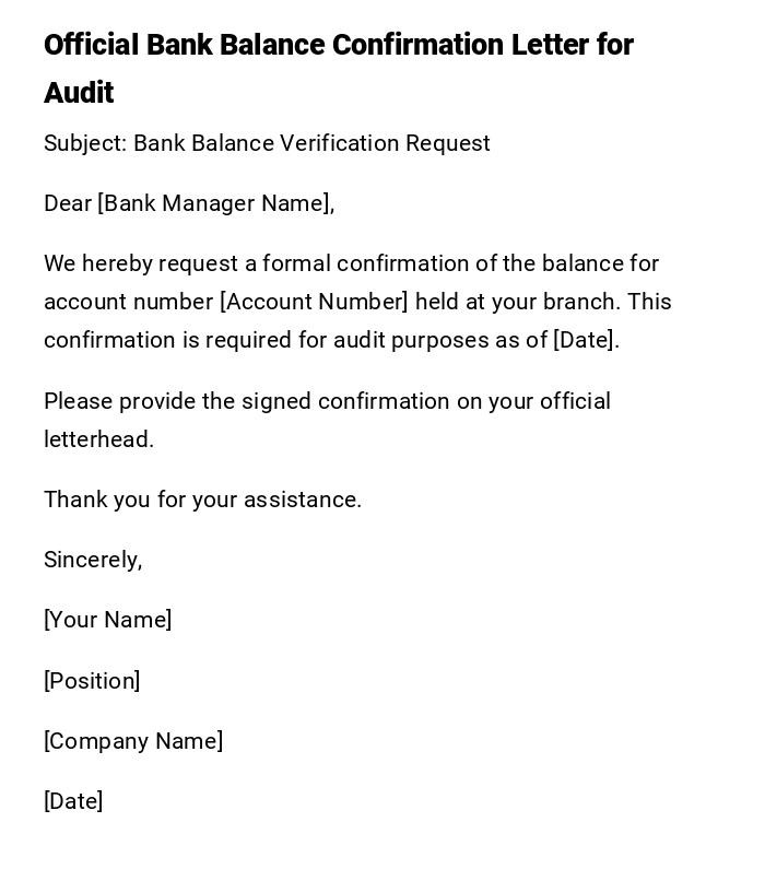 Official Bank Balance Confirmation Letter for Audit Official Bank Balance Confirmation Letter for Audit