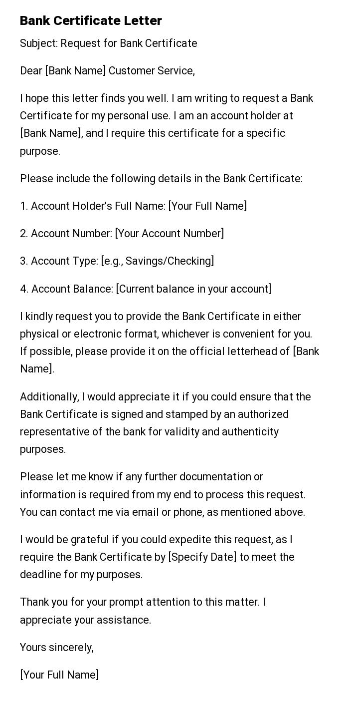 Bank Certificate Letter