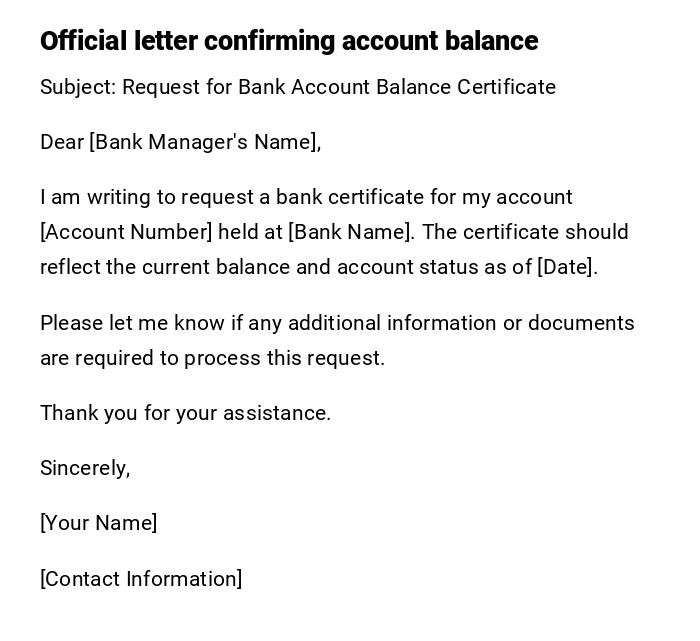 Official letter confirming account balance Official letter confirming account balance