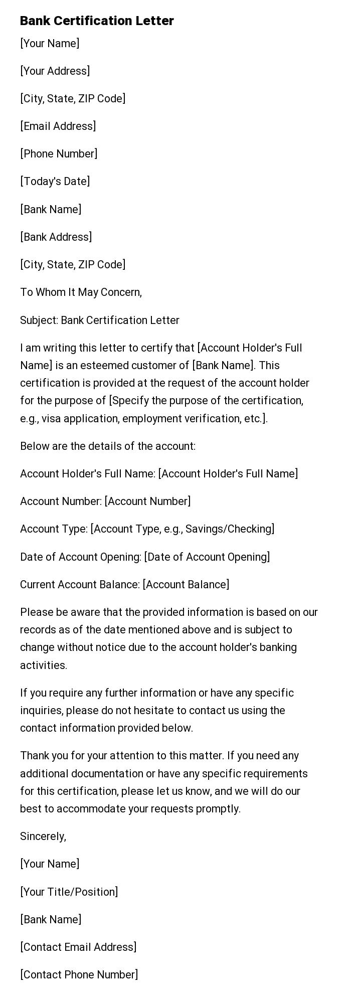 Bank Certification Letter