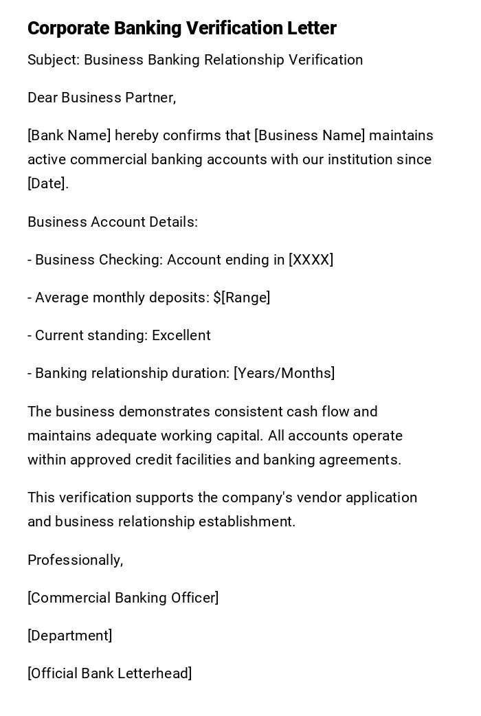 Corporate Banking Verification Letter Corporate Banking Verification Letter