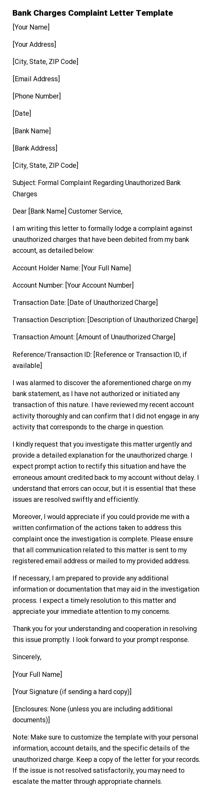 Bank Charges Complaint Letter Template