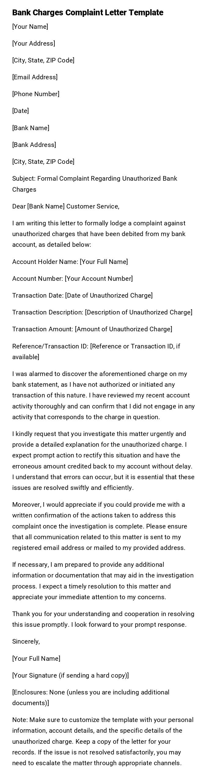 Bank Charges Complaint Letter Template