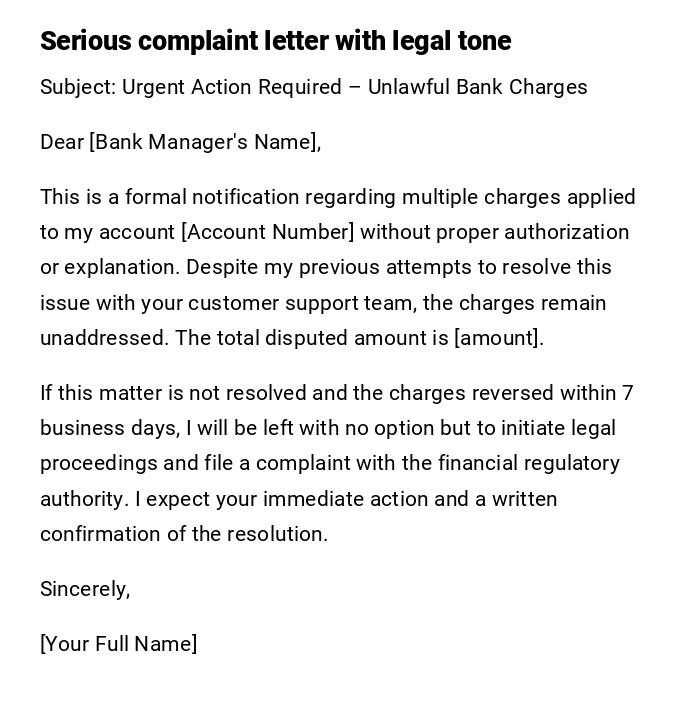 Serious complaint letter with legal tone Serious complaint letter with legal tone
