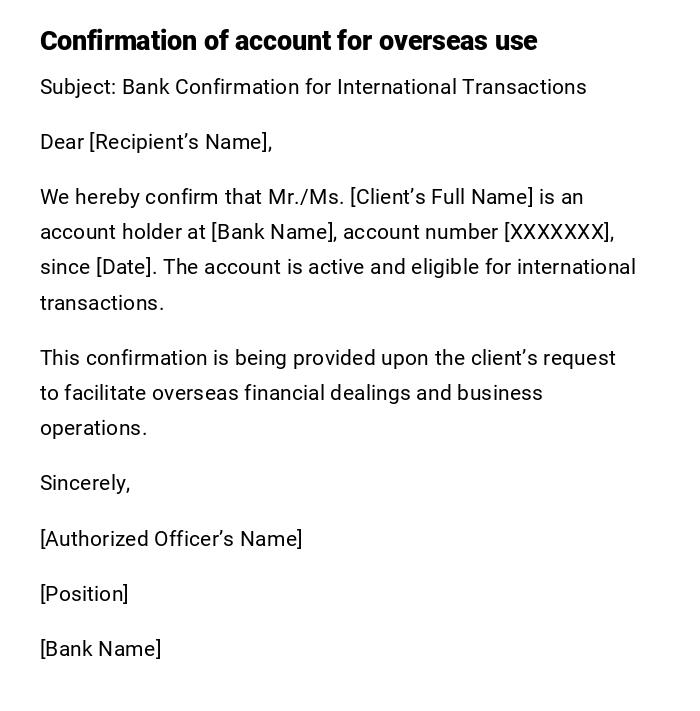 Confirmation of account for overseas use