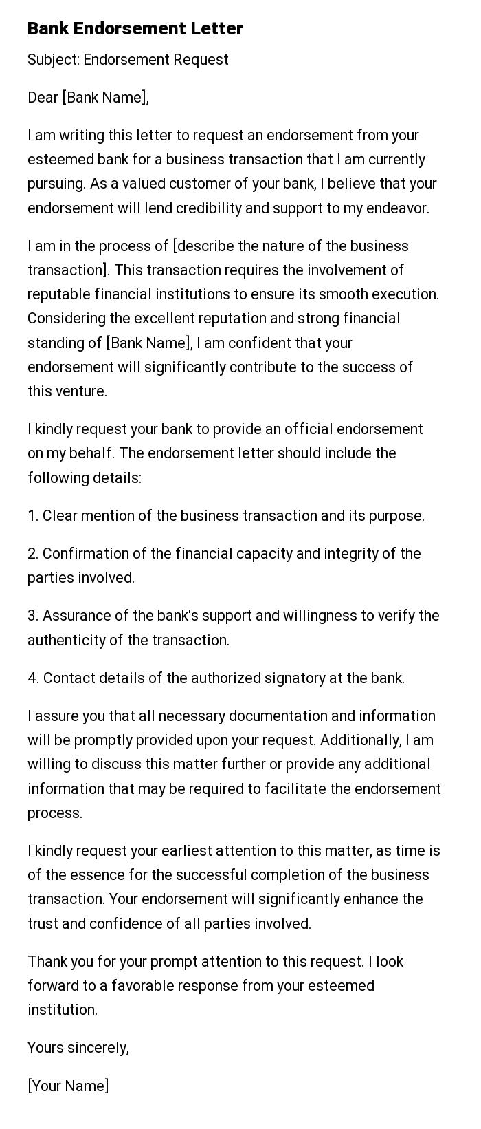 Bank Endorsement Letter