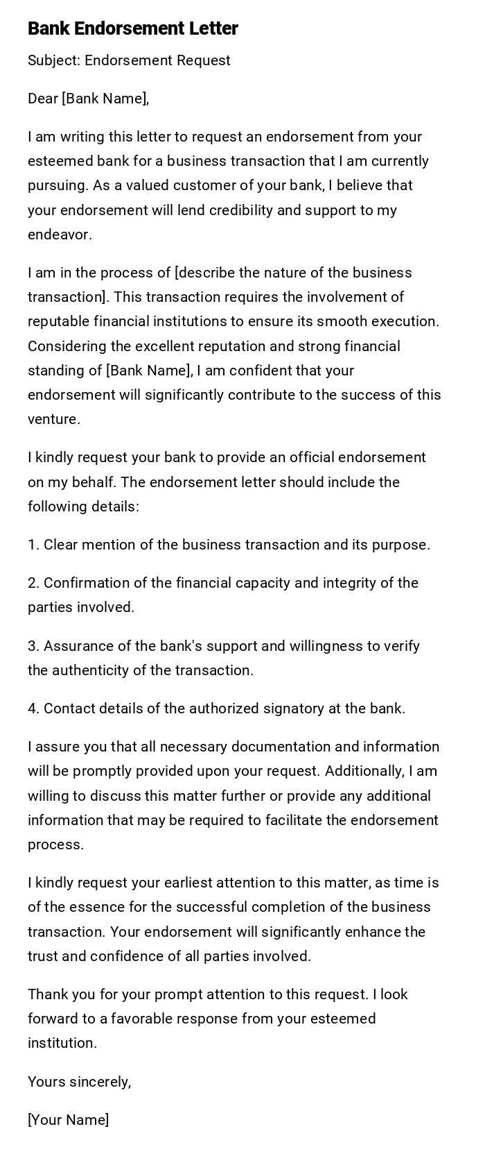 Bank Endorsement Letter