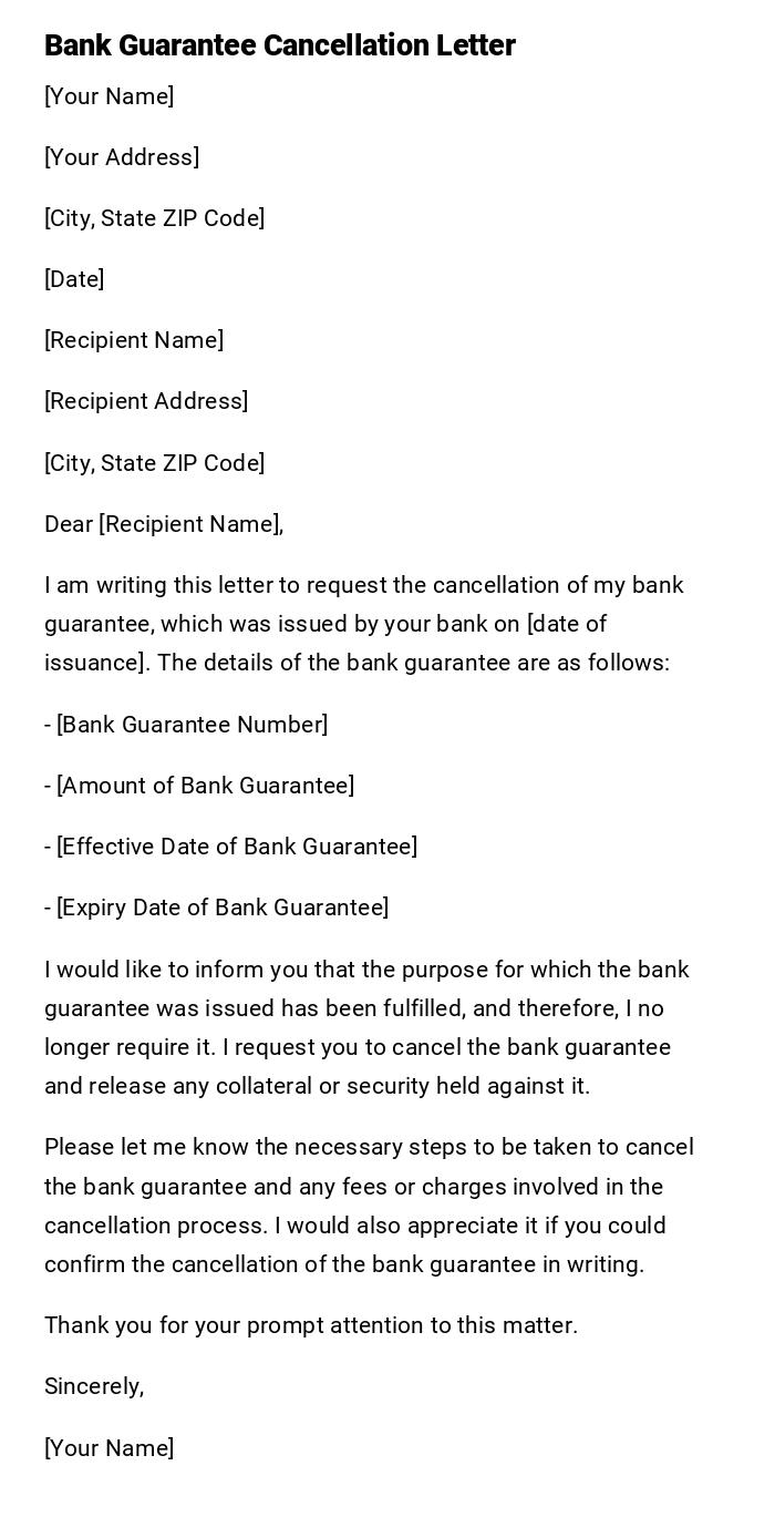 Bank Guarantee Cancellation Letter