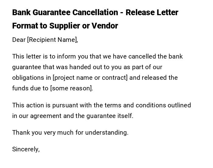 Bank Guarantee Cancellation - Release Letter Format to Supplier or Vendor