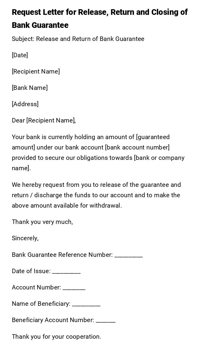 Request Letter for Release, Return and Closing of Bank Guarantee