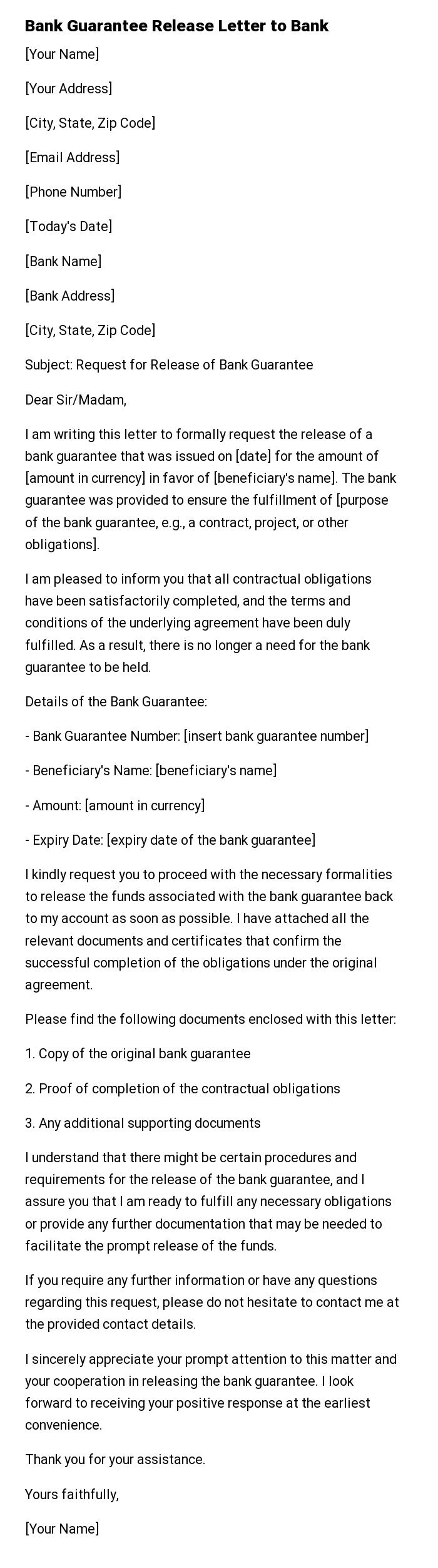 Bank Guarantee Release Letter to Bank