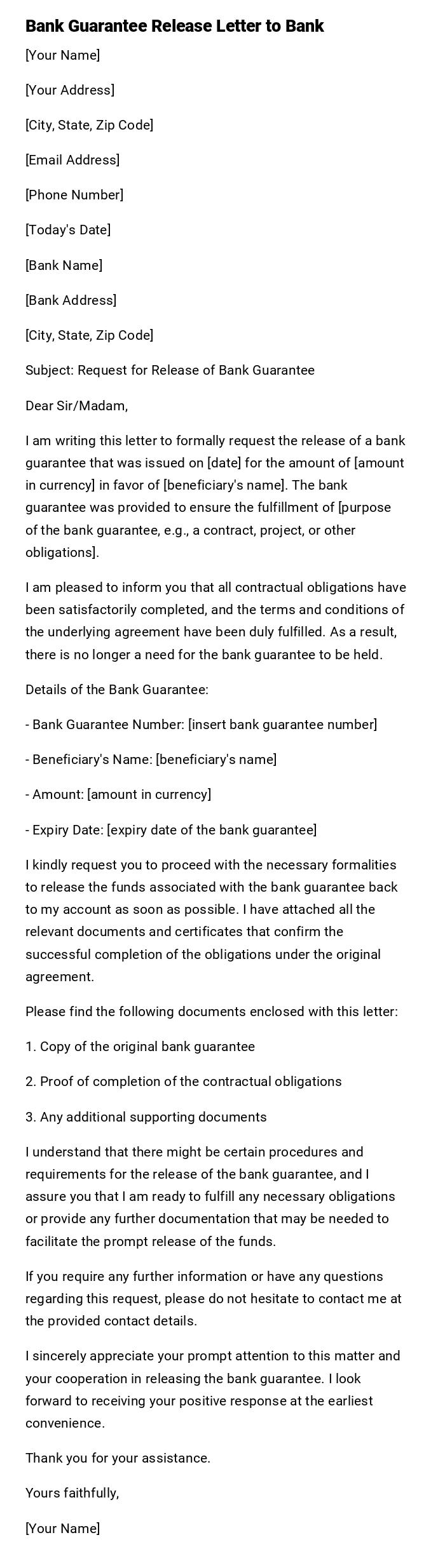 Bank Guarantee Release Letter to Bank