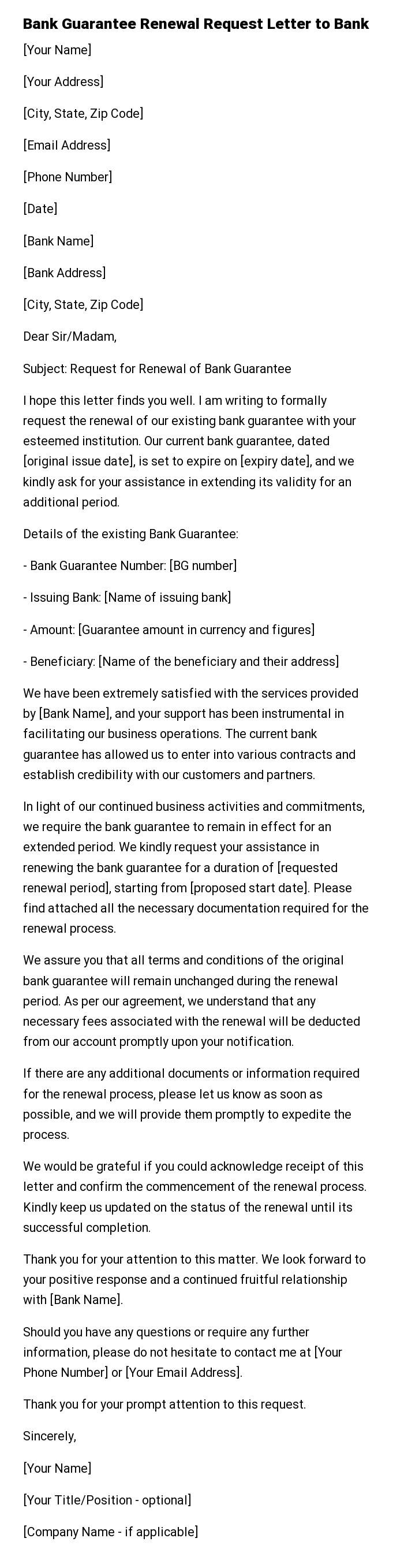 Bank Guarantee Renewal Request Letter to Bank
