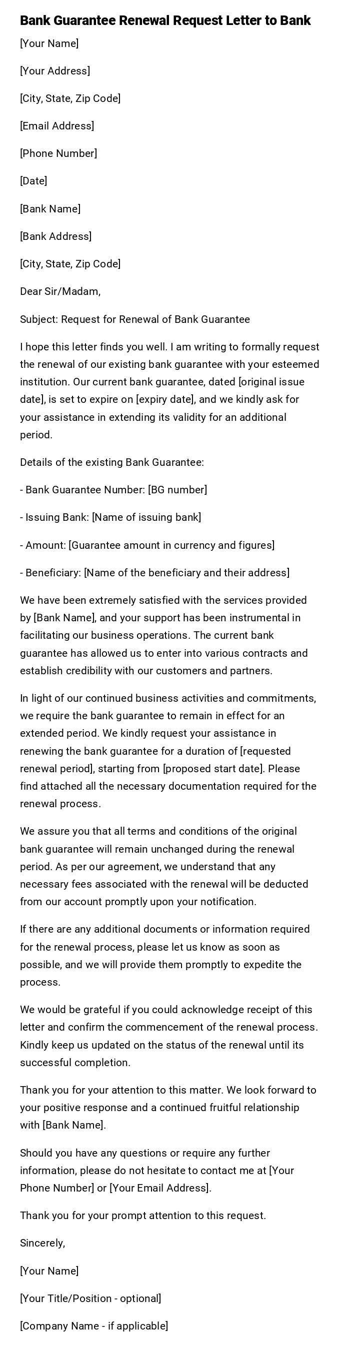 Bank Guarantee Renewal Request Letter to Bank