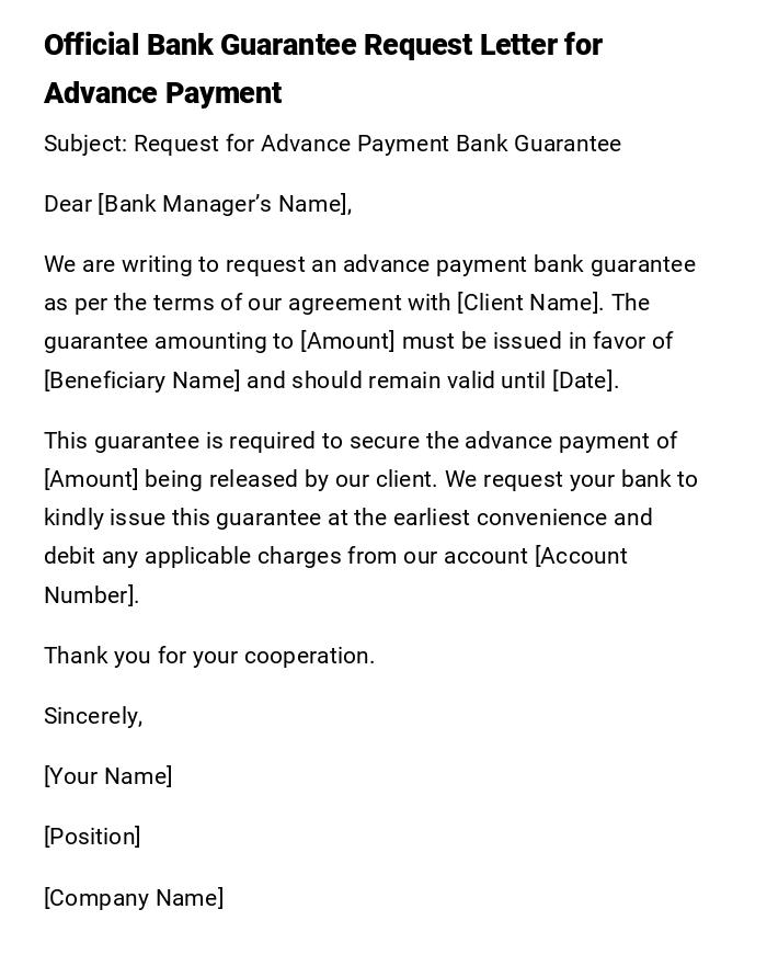 Official Bank Guarantee Request Letter for Advance Payment Official Bank Guarantee Request Letter for Advance Payment
