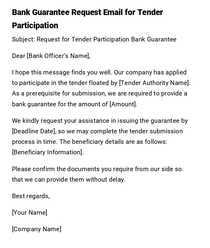Bank Guarantee Request Email for Tender Participation Bank Guarantee Request Email for Tender Participation