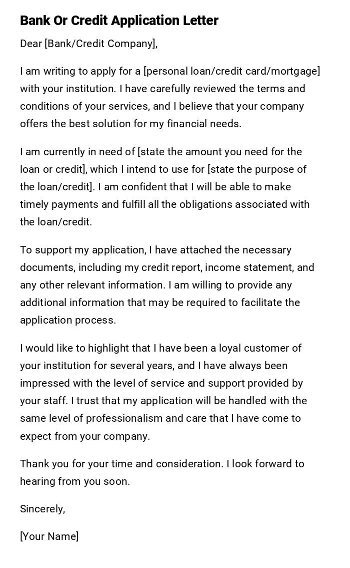 Bank Or Credit Application Letter Bank Or Credit Application Letter