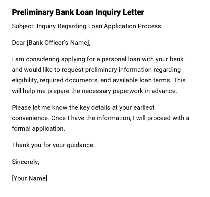 Preliminary Bank Loan Inquiry Letter
